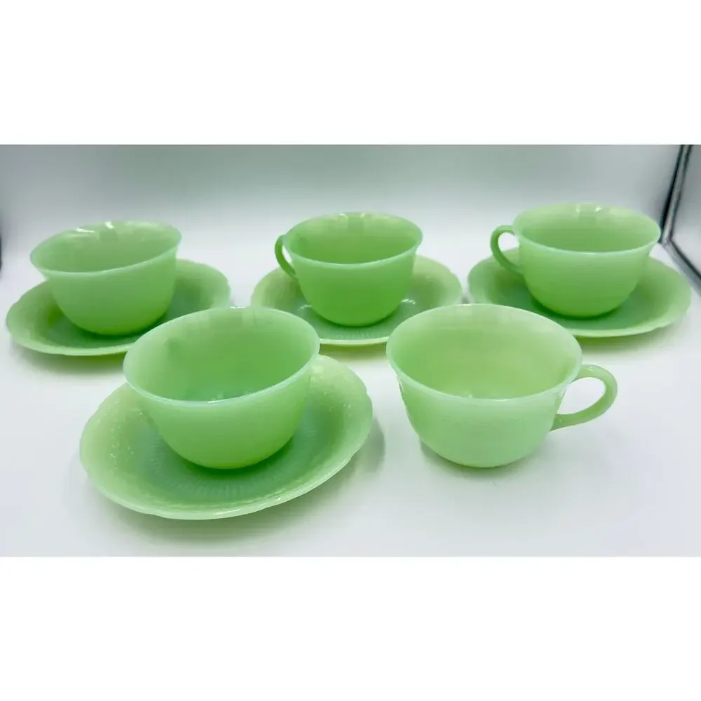 Anchor Hocking Fire King ALICE Jadeite Coffee Tea Cup & Saucer 9pc Lot